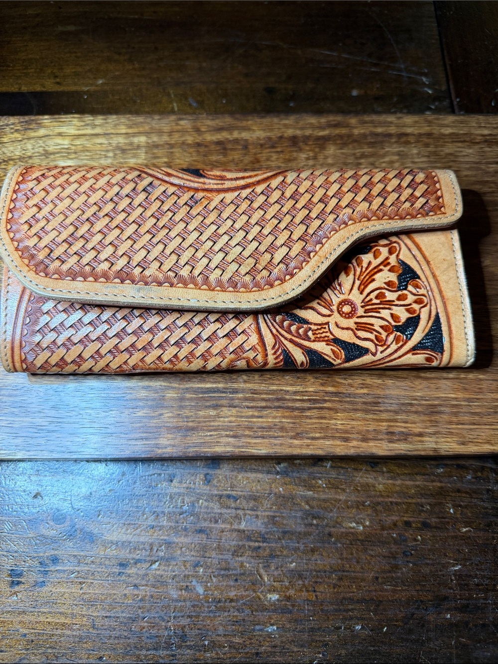 Basket weeved Tooled Leather Wallet Clutch in Tan and Brown